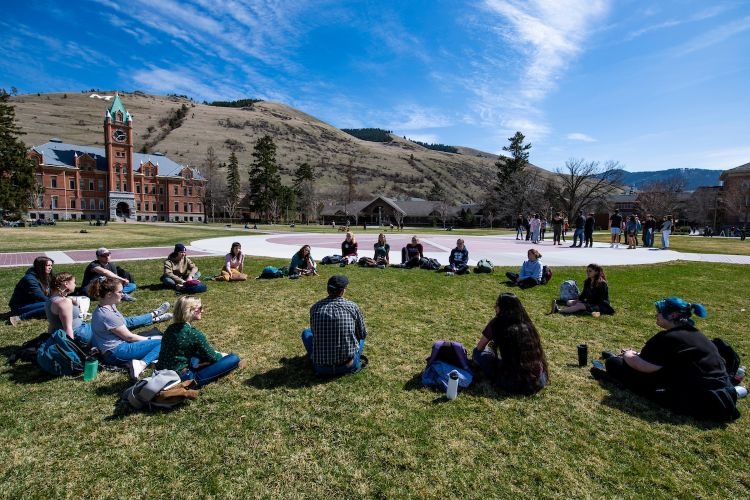 Students sitting on The Oval on a sunny day