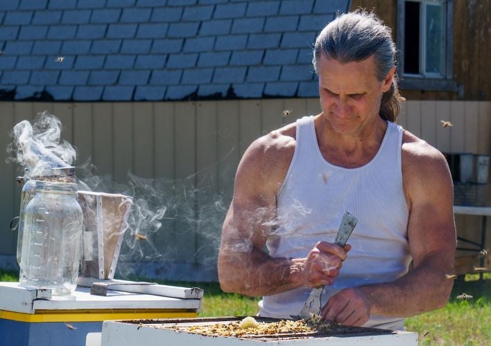 A beekeeping instructor scrapes honey of a comb