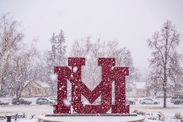 UM sign in the snow