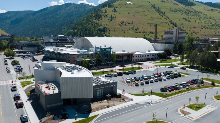 an aerial view of the Montana Museum of Art and Culture and back patio