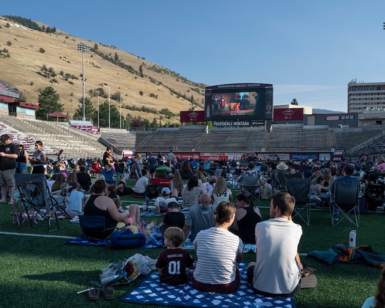 people sitting and watching a movie inside washington-grizzly stadium