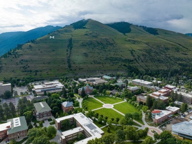 An aerial view of campus and Mount Sentinel