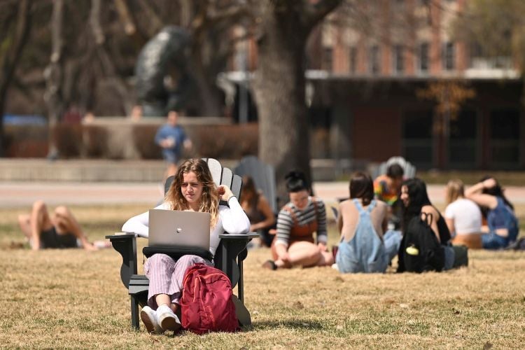 a student studying on The Oval during spring weather