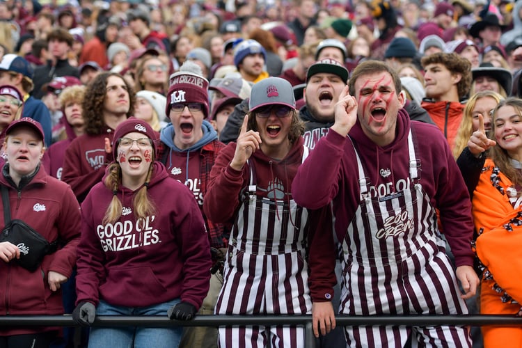 students cheering wearing UM colors