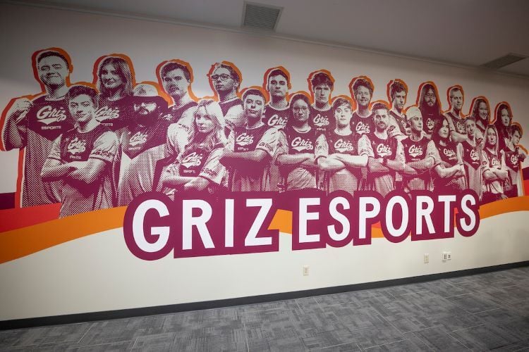 A wall banner celebrating the Grizzly Esports Team