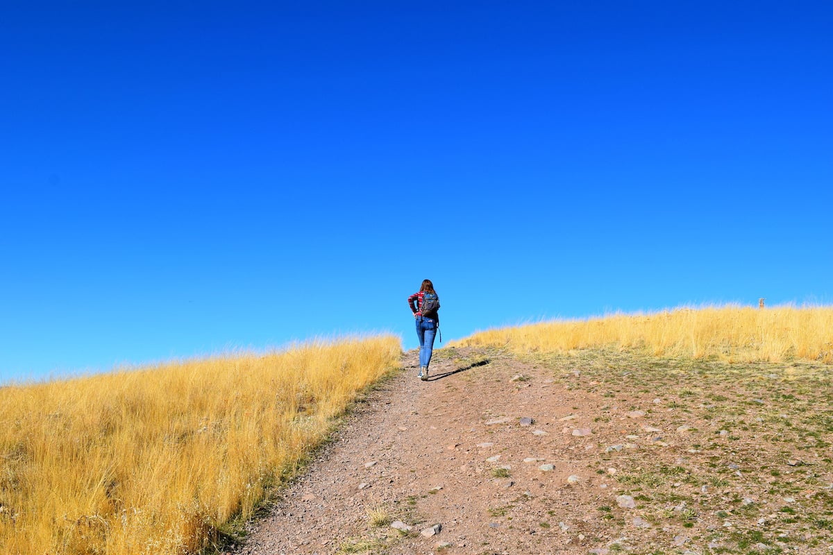 A solo hiker ascending a hill
