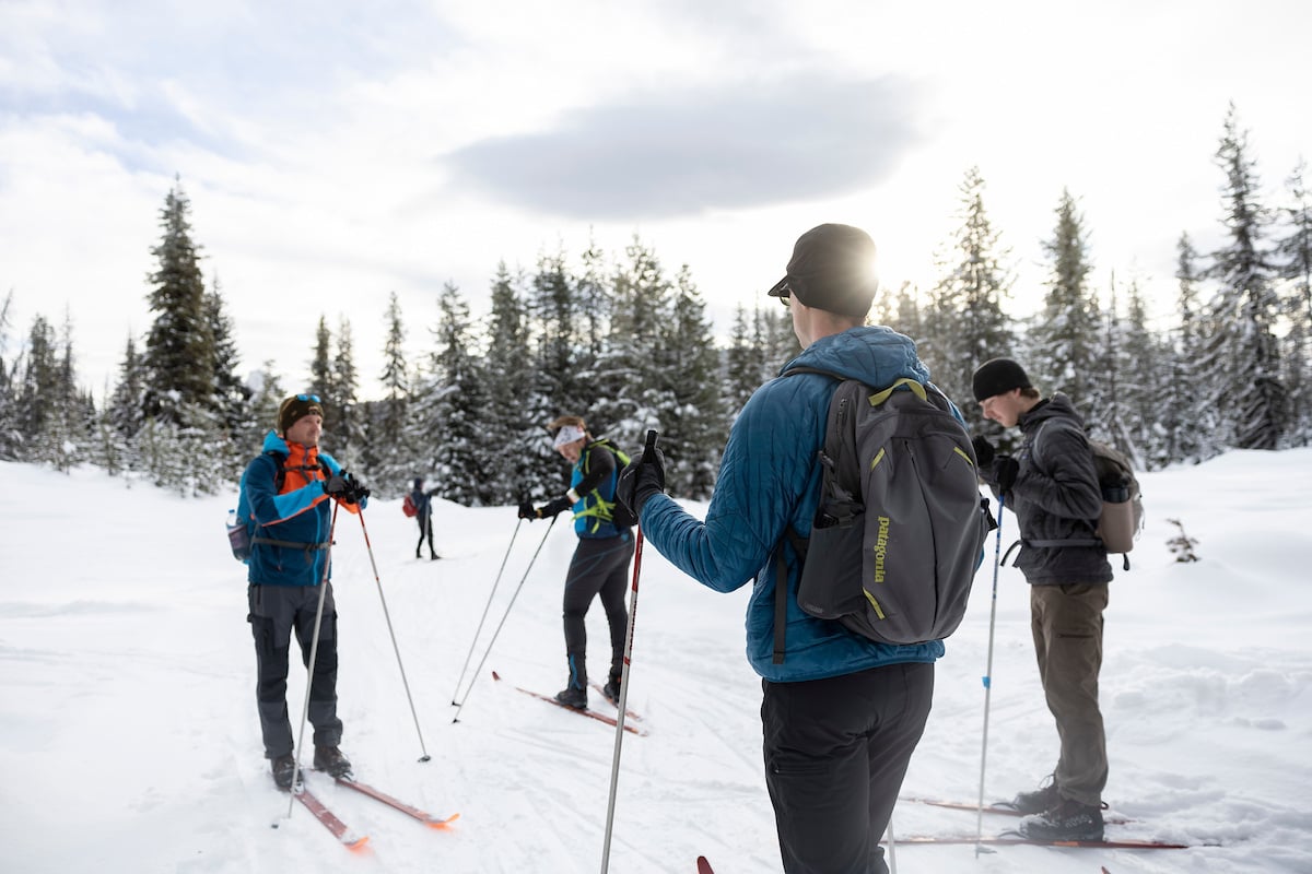 A group of students cross-country skiing