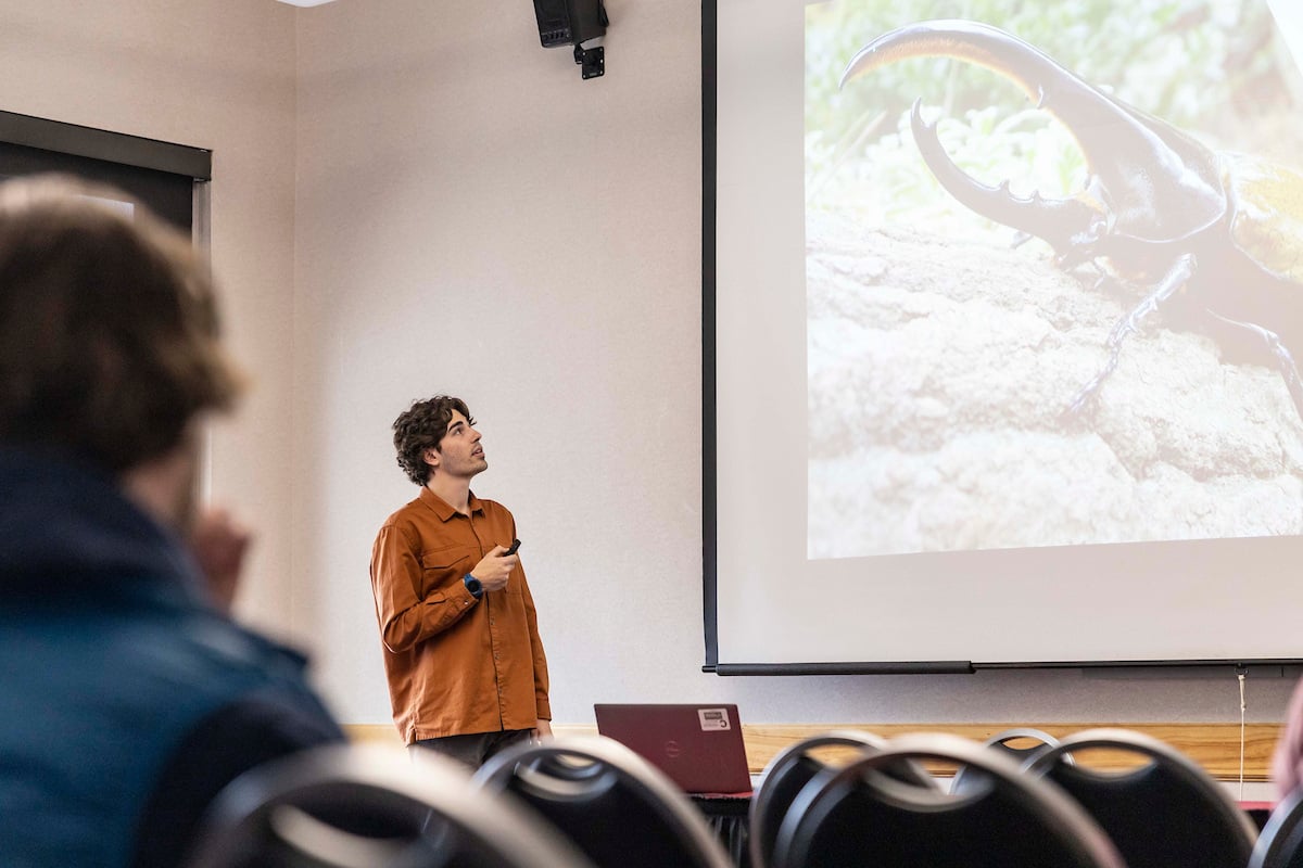 A student giving a presentation about beetles